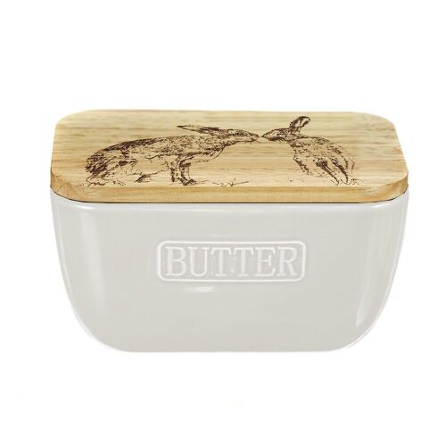 Kissing Hares Oak and Ceramic Butter Dish - White