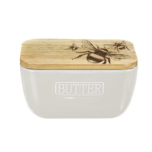 Bee Oak and Ceramic Butter Dish - White