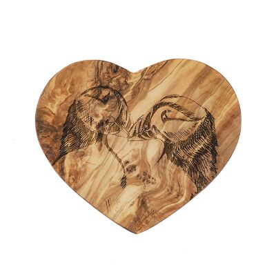 Puffins Engraved Heart Olive Wood Board