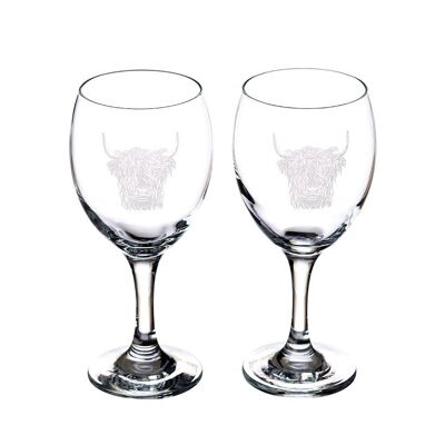 Lot de 2 verres à vin/eau style vache Highland gravés