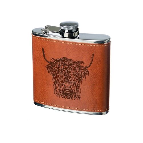 Highland Cow Engraved Leather Wrapped Hipflask