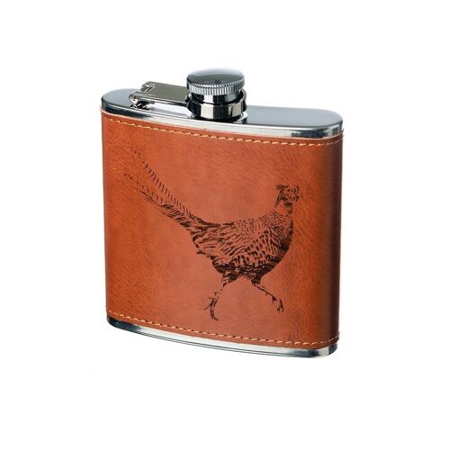 Pheasant Engraved Leather Wrapped Hipflask