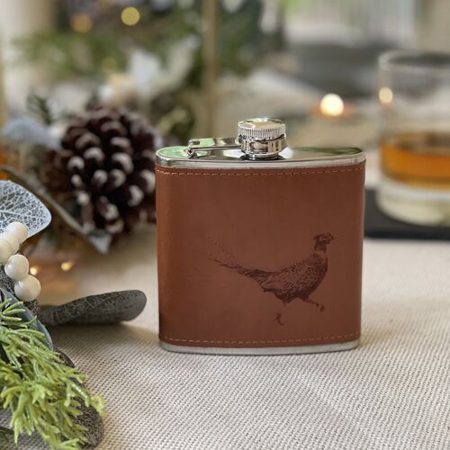 Pheasant Engraved Leather Wrapped Hipflask