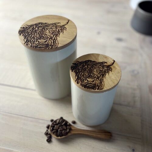 Highland Cow Oak & Ceramic Small Storage Jar