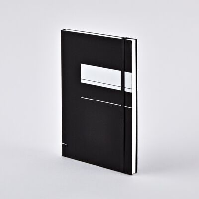 Project M - cuaderno nuuna - negro |cubierta de lino - blanco serigrafiado | 176 páginas | Formato 14,3 x 20,8 cm| 90g papel premium | cuadrícula de puntos de 3,5 mm | Banda elástica, bolsillo acordeón, cinta marcapáginas