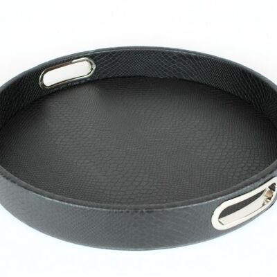 Tray round black faux leather reptile with stainless steel handles