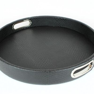 Tray round black faux leather reptile with stainless steel handles
