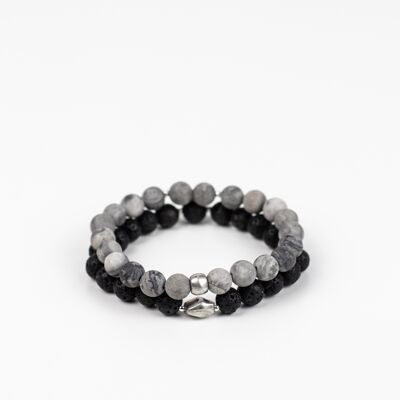 Pulsera roca natural volcánica 8mm (Gris + Plata)