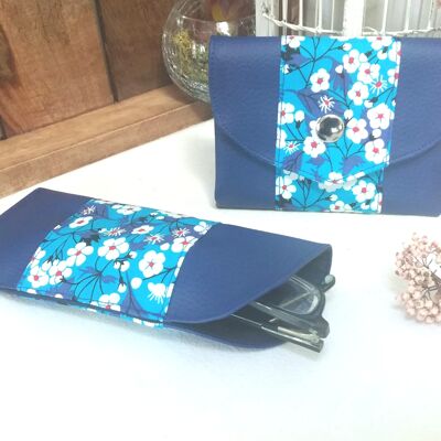Soft glasses case in blue and sakura faux leather