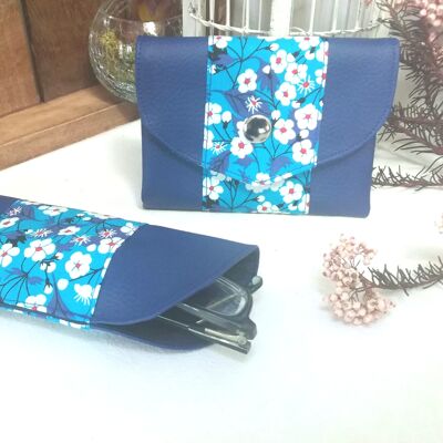 Soft glasses case in blue and sakura faux leather
