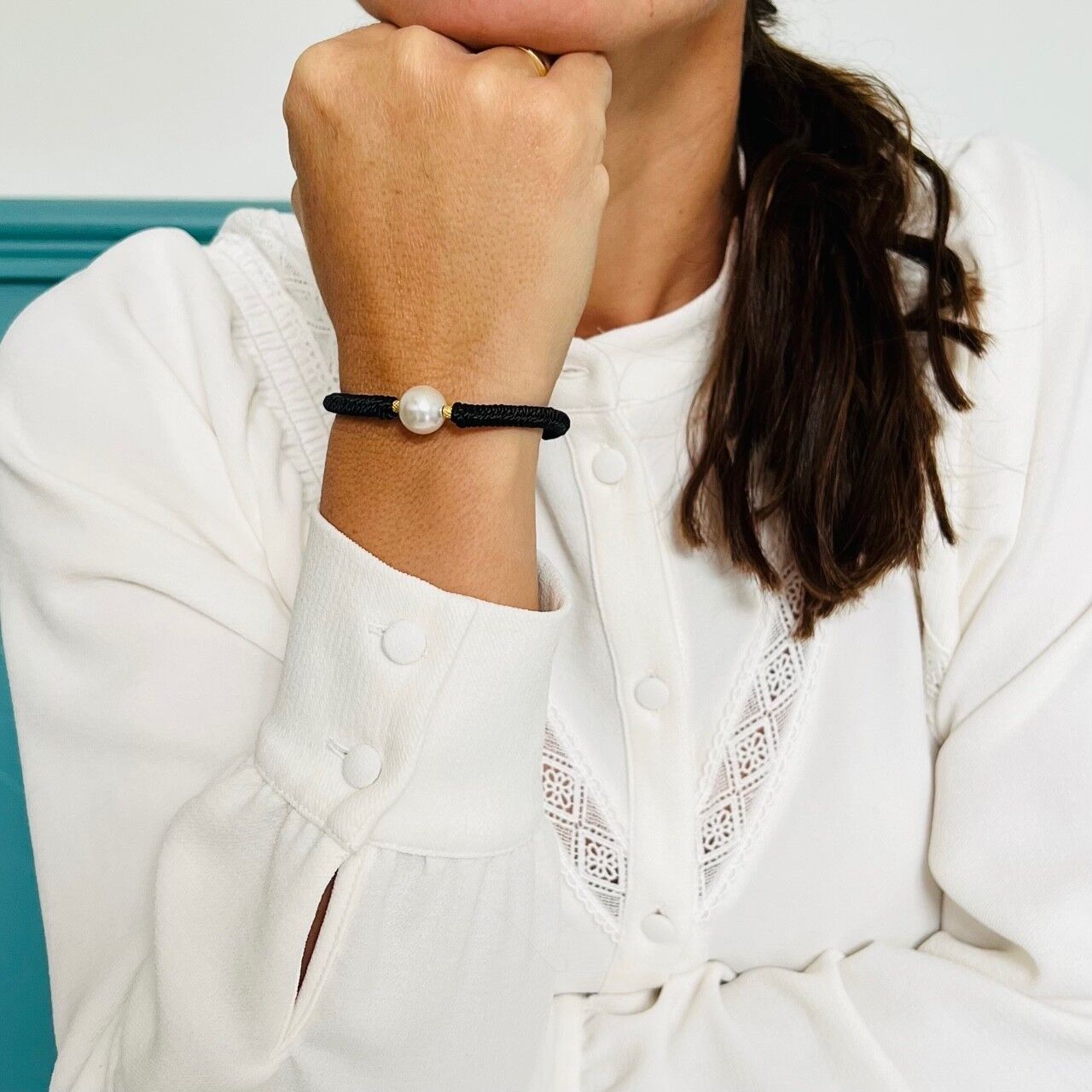 Black Braided Cord Bracelet - Pearly Pearl