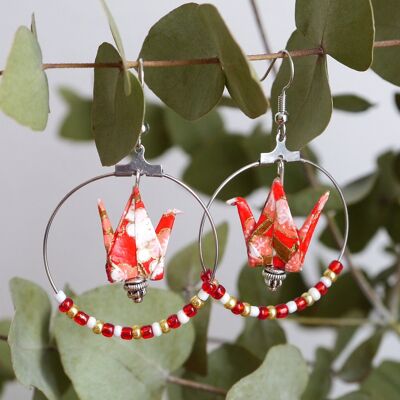 Pendientes de aro con grullas y perlas - Floral rojo