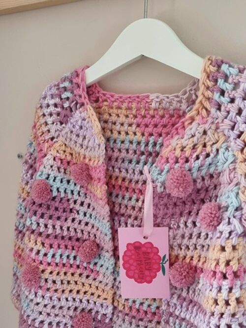 Crochet Pompom Cardigan Rainbow Pink 0-3 Months