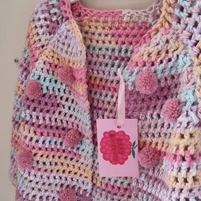 Cardigan Pompon Crochet Arc-en-Ciel Rose 1-2 Ans