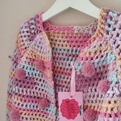 Cardigan Pompon Crochet Arc-en-Ciel Rose 2-3 Ans