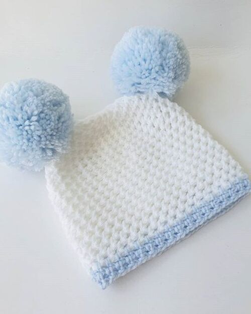 Baby Blue and White Double Pompom Hat