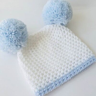 Baby Blue and White Double Pompom Hat