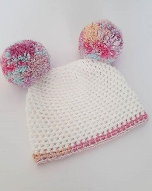 White and Pink Rainbow Double Pompom Hat