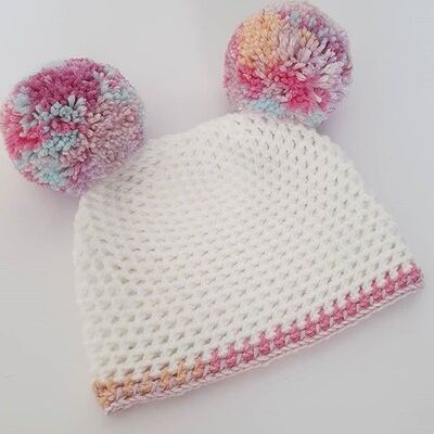 White and Pink Rainbow Double Pompom Hat