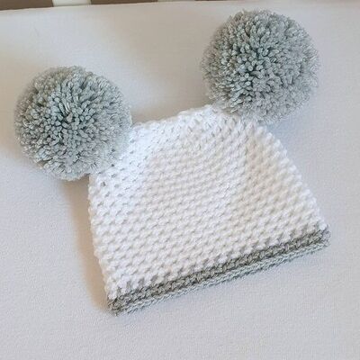 Bonnet à Double Pompon Gris et Blanc