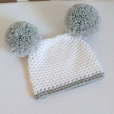 Grey and White Double Pompom Hat