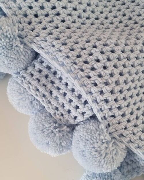 Baby Blue Pompom Crochet Blanket - Toddler - No