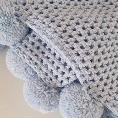 Baby Blue Pompom Crochet Blanket - Toddler - No