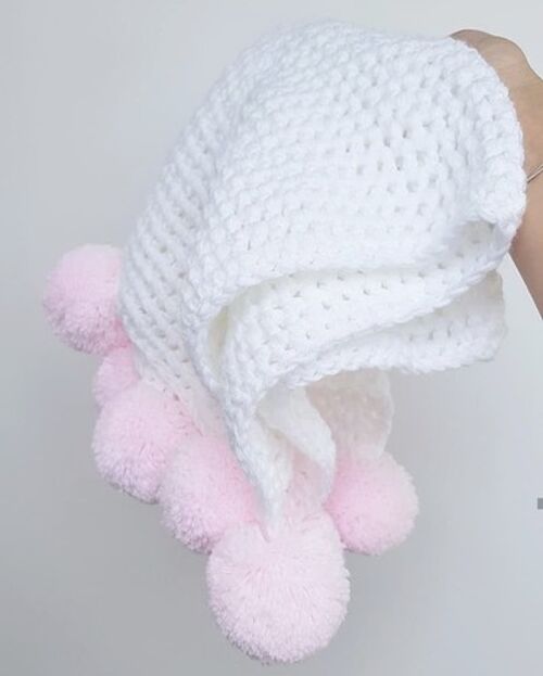 White and Baby Pink Pompom Blanket