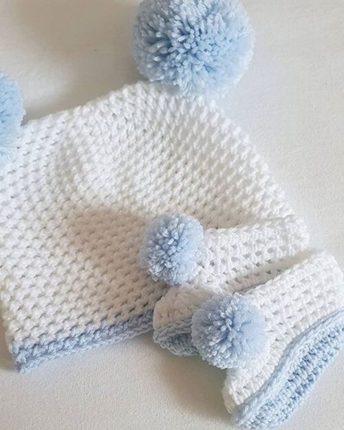 Handmade Crochet Baby Blue & White Hat & Bootie Set