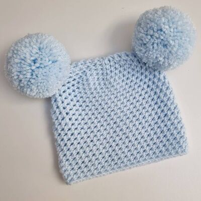All Blue Double Pompom Hat