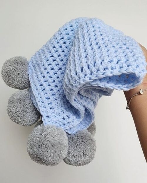 Grey and Blue Pompom Crochet Blanket - Toddler - Yes