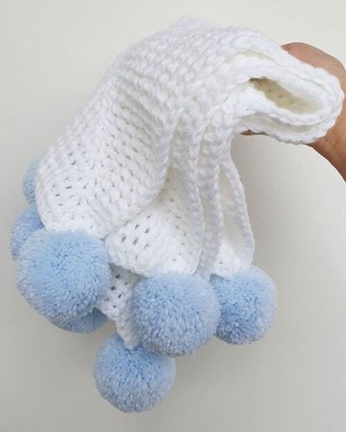 White and Baby Blue Pompom Crochet Blanket - Baby - No