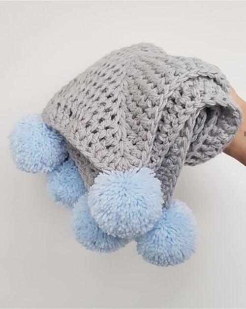 Grey and Blue Pompom blanket - Toddler - No