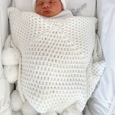 All White Pompom Crochet Blanket - Toddler - No
