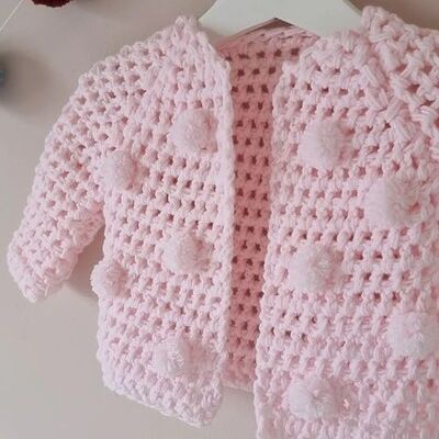 Cardigan con pompon all'uncinetto 3-6 mesi