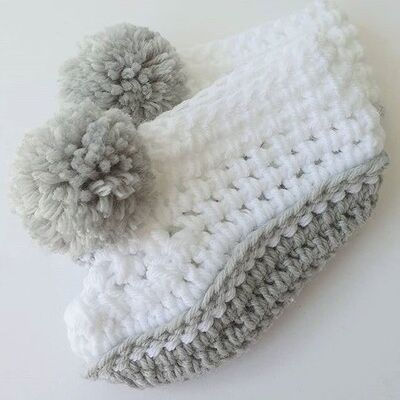 Grey and White Pompom Booties