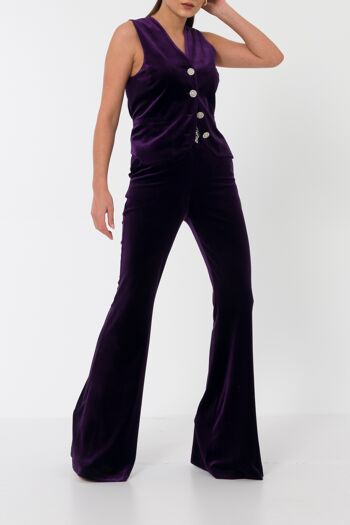 Pantalon taille haute évasé en velours violet 1