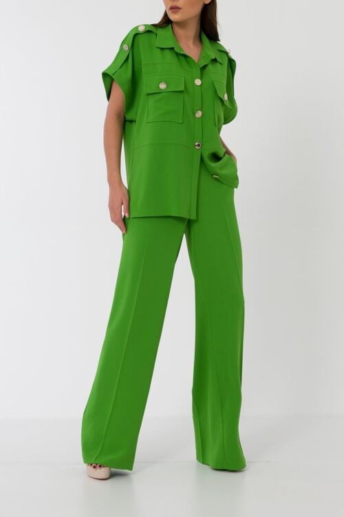 Green Big Front Pockets with Gold Metal Buttons Stone Coloured Shirt and Trousers Set