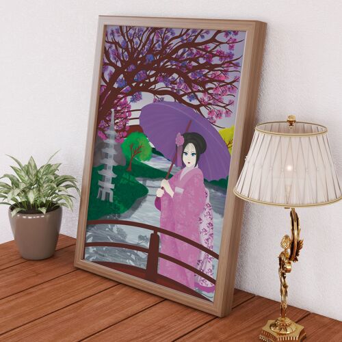 Japanese Geisha water landscape with cherry blossom trees hand illustrated print