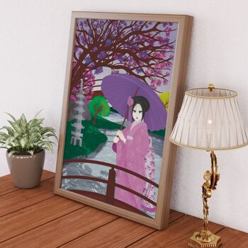 Paysage d'eau Geisha japonaise avec impression illustrée à la main de cerisiers en fleurs 1