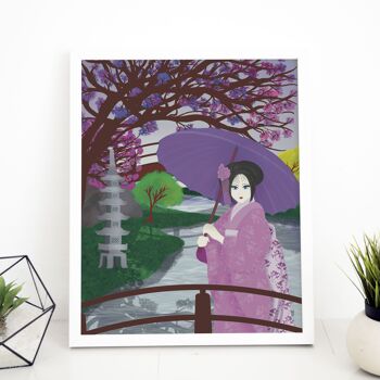 Paysage d'eau Geisha japonaise avec impression illustrée à la main de cerisiers en fleurs 2