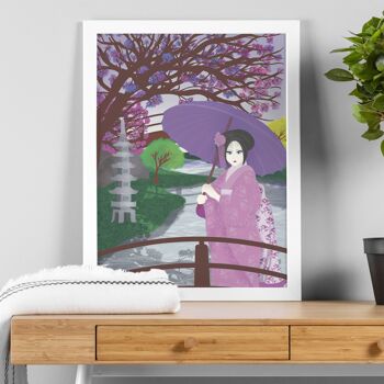 Paysage d'eau Geisha japonaise avec impression illustrée à la main de cerisiers en fleurs 4