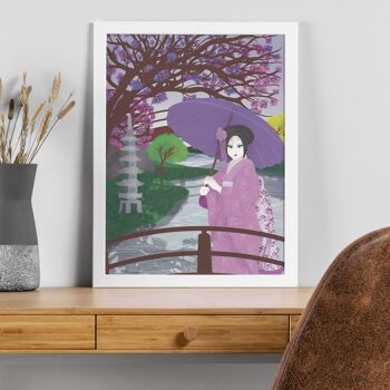 Paysage d'eau Geisha japonaise avec impression illustrée à la main de cerisiers en fleurs 5