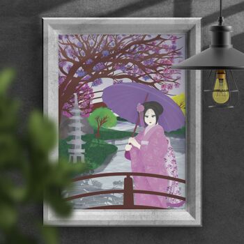 Paysage d'eau Geisha japonaise avec impression illustrée à la main de cerisiers en fleurs 6