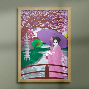 Paysage d'eau Geisha japonaise avec impression illustrée à la main de cerisiers en fleurs 7