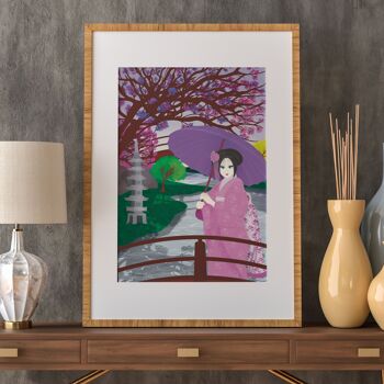 Paysage d'eau Geisha japonaise avec impression illustrée à la main de cerisiers en fleurs 8