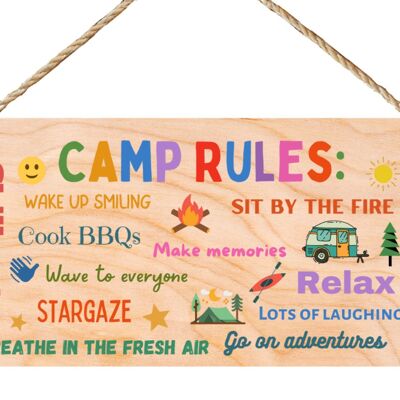 Second Ave Camp Rules Holzschild zum Aufhängen, Freundschaft, rechteckiges Schild, Camping-Plakette