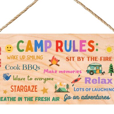 Second Ave Camp Rules Plaque de camping en bois à suspendre pour cadeau d'amitié Rectangle