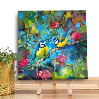 Mini lienzo de pájaros azules y pájaros en flor