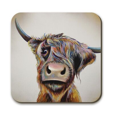 Ein Highland Cow Coaster mit schlechtem Haar